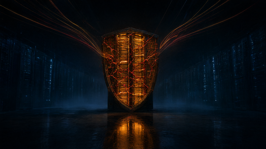 Dark editorial illustration of a glowing amber server rack shaped like a shield in a vast data hall, with red cracks and data trails converging on it