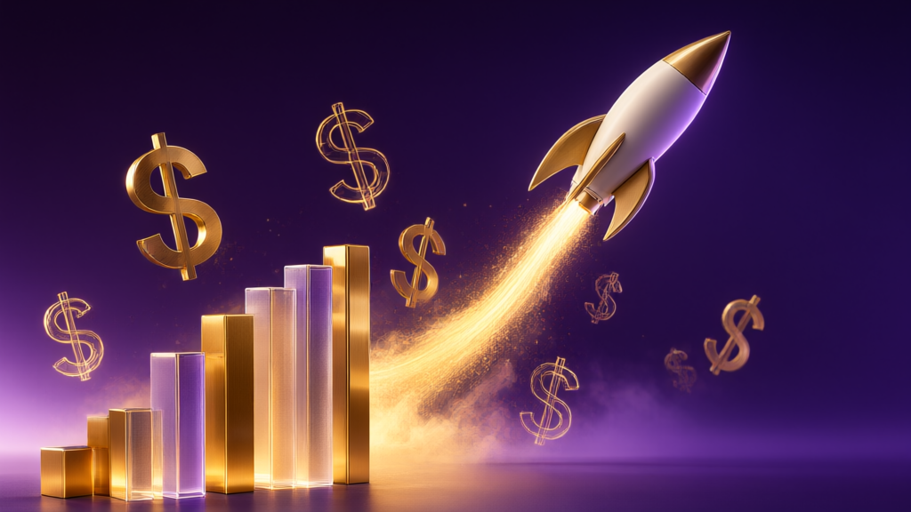 Abstract visualization of startup funding growth with rocket trajectory through dollar signs and rising bar charts in gold and purple