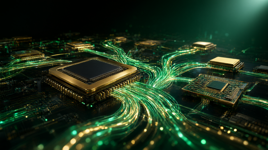 Abstract visualization of multiple computer chips connected by glowing data streams, startup investment theme
