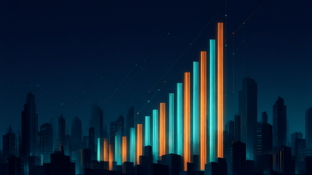 Editorial illustration of rising light beams forming a chart over a dark cityscape in teal and orange