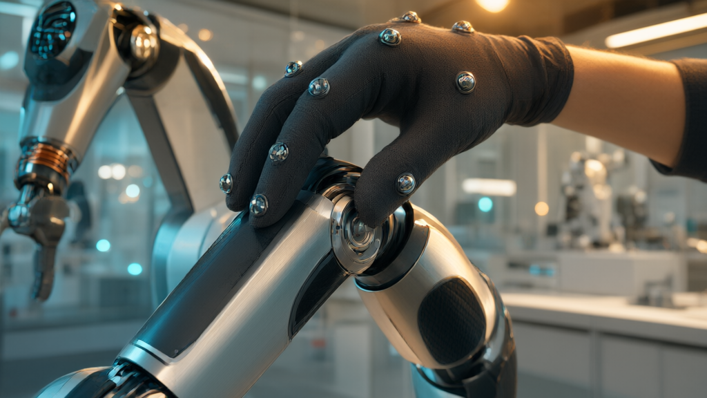A humanoid robot arm being taught a precise movement by a human hand wearing motion capture sensors in a bright industrial lab