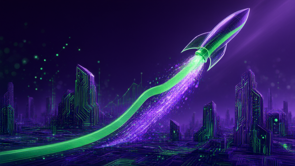 Neon green and purple cyberpunk illustration of a rocket launching over a futuristic circuit-board cityscape.