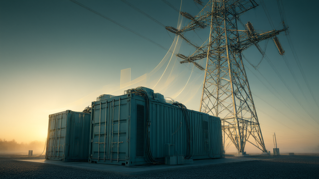 Editorial illustration of modular data center containers beside a transmission tower at sunrise