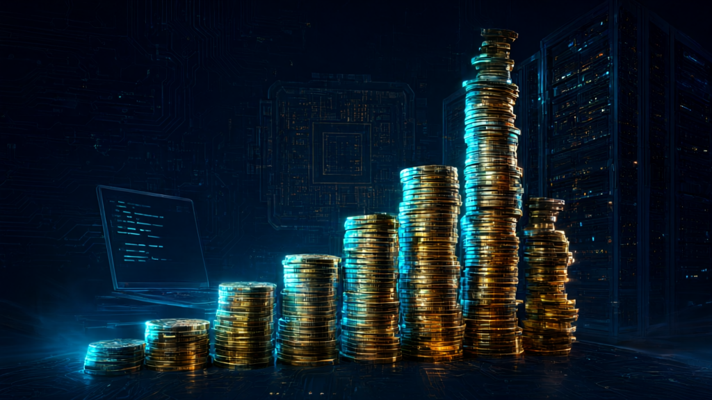 Editorial illustration of a glowing coin stack doubling in height in front of GPU die and data-center silhouettes on a dark circuit-board background