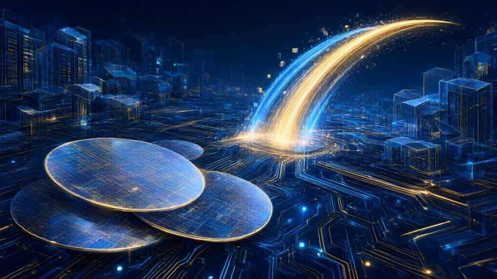 Silicon chip wafers and startup launch arcs rising from an abstract circuit board