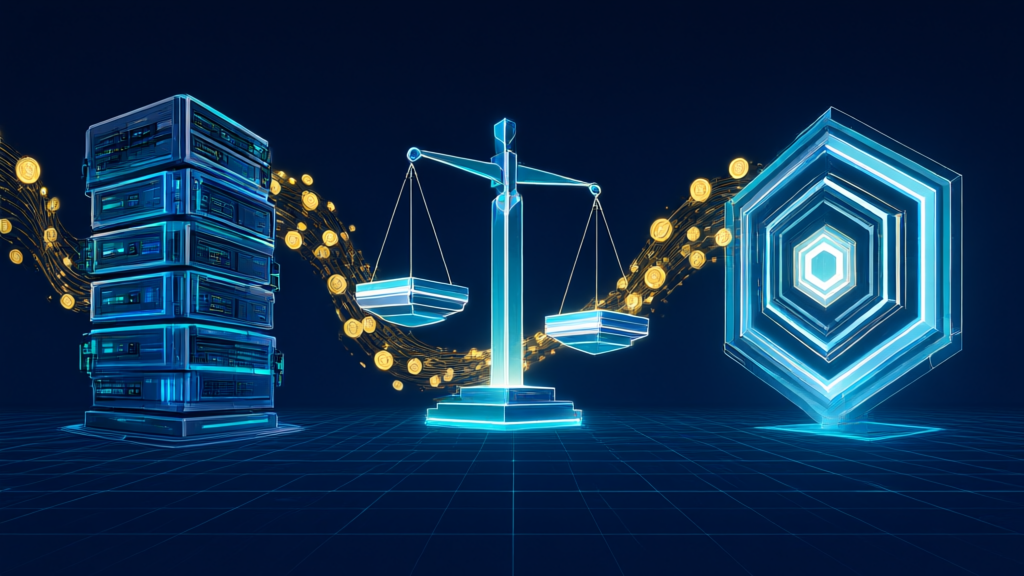 Dark navy illustration of three glowing startup monoliths linked by streams of golden coin light