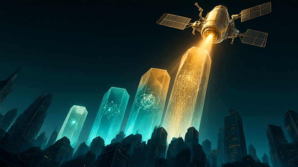 Editorial illustration of ascending columns of light over a dark city with a spacecraft above, representing AI startup funding rounds
