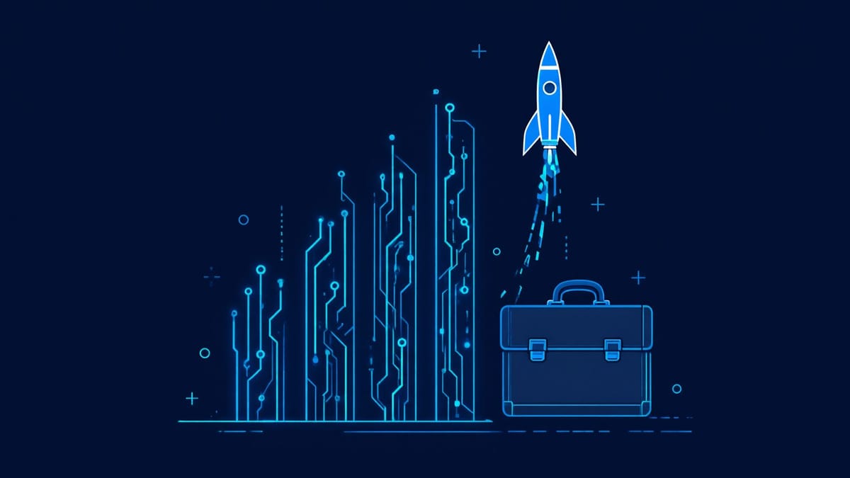 Editorial illustration of a rising bar chart built from glowing circuit lines beside an ascending rocket on a deep navy background