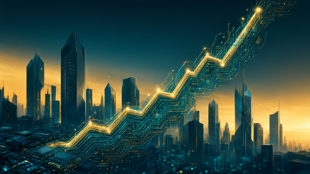 Editorial illustration of a rising graph of glowing circuit lines above a city skyline at dusk