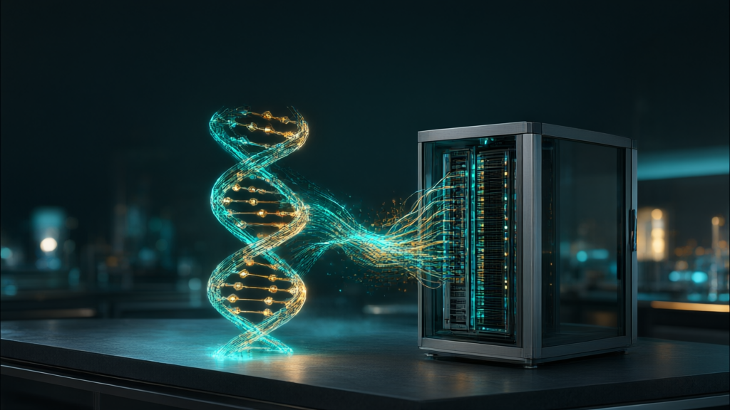 Editorial illustration of a light DNA helix interfacing with a server rack