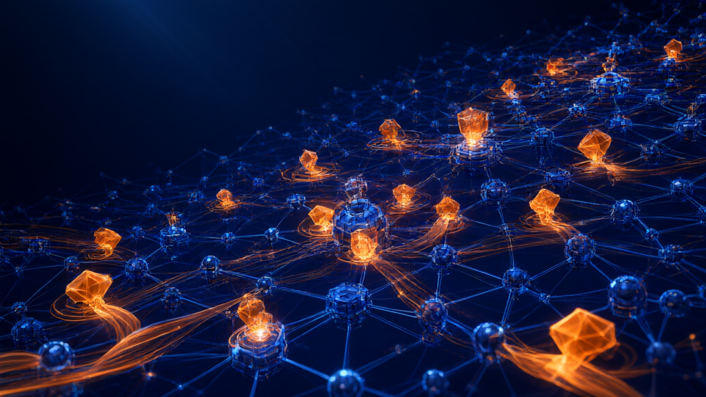 Abstract visualization of AI agents spreading across a glowing digital network, cyber security theme