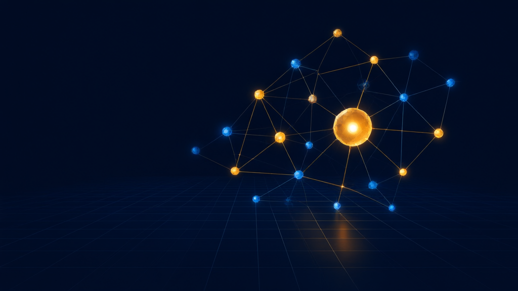 Editorial illustration of a glowing neural network over a dark data center grid in blue and amber