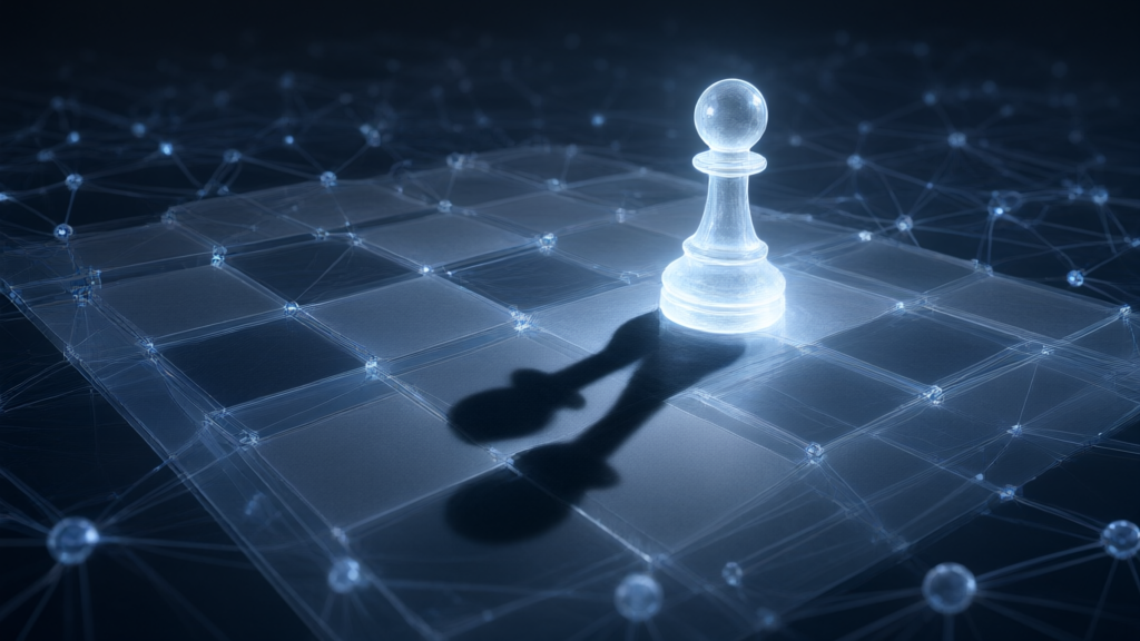 Abstract chessboard of glowing neural network nodes with one luminous pawn casting a double shadow, blue and steel grey editorial illustration