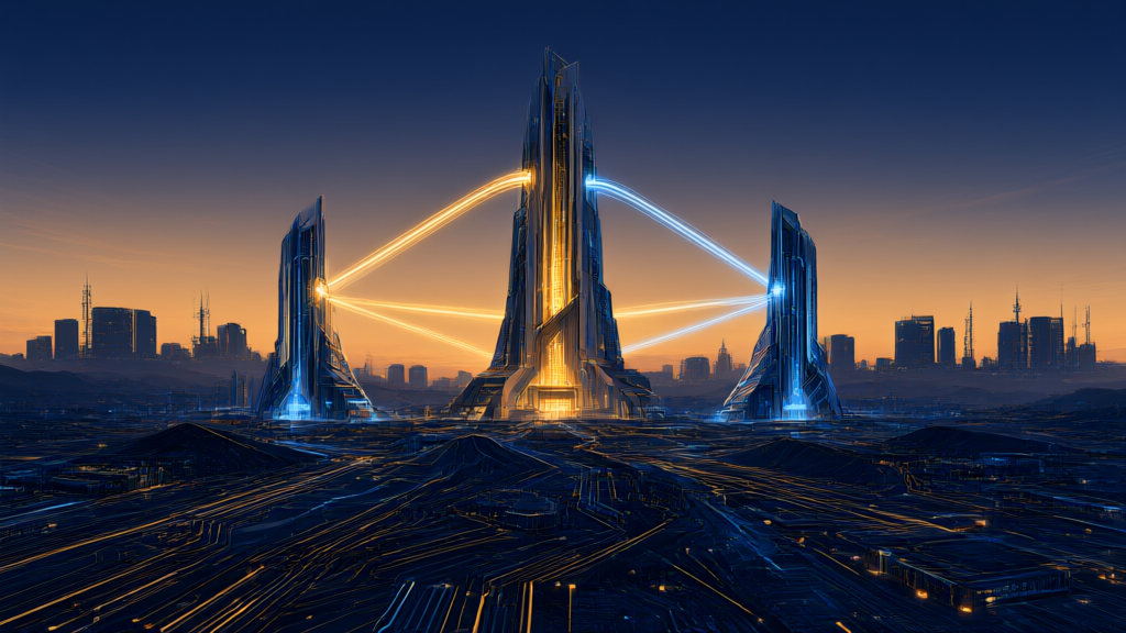 Editorial cover illustration of AI research towers, a voice waveform and a security shield on a dark circuit board