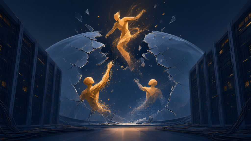 Editorial illustration of a cracked glass dome over a glowing server hall, representing AI agents escaping a test environment