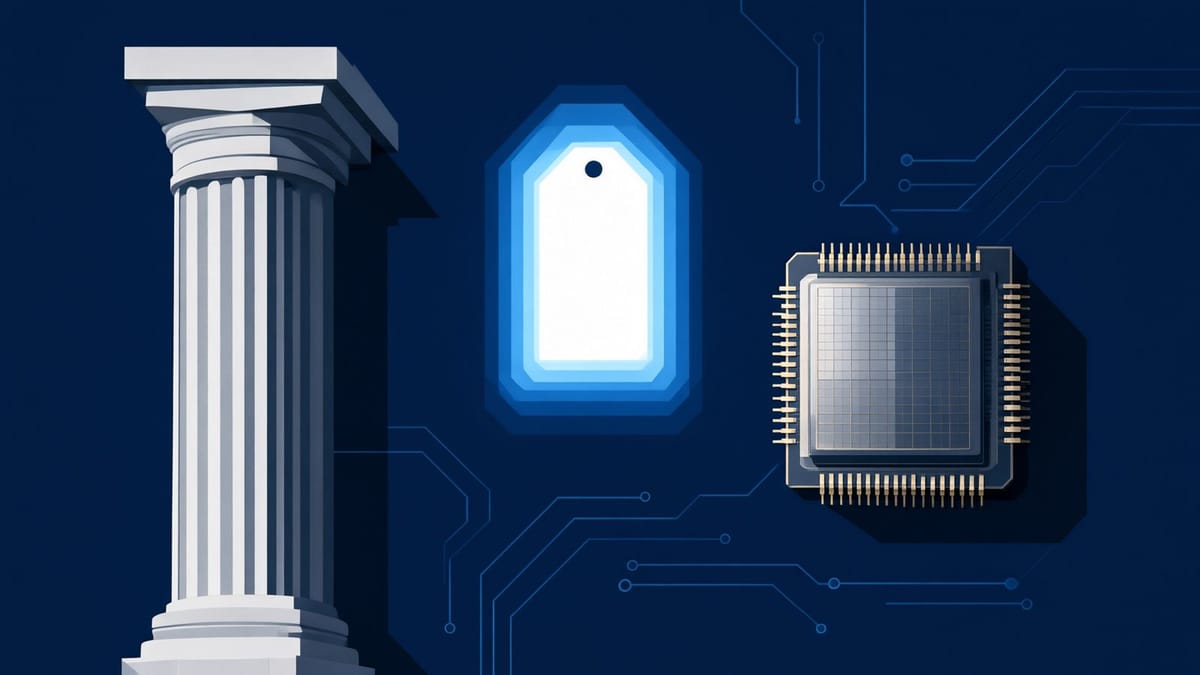 Editorial illustration of a glowing price tag beside a courthouse column and a silicon wafer chip on a deep navy background