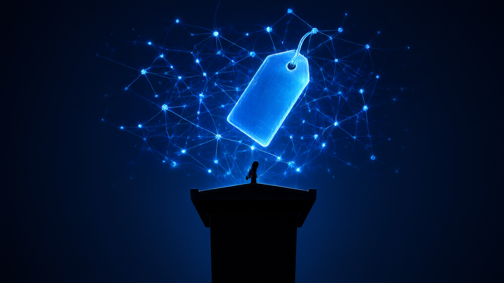 Editorial illustration of a glowing price tag and a neural network above a government podium in deep navy and electric blue