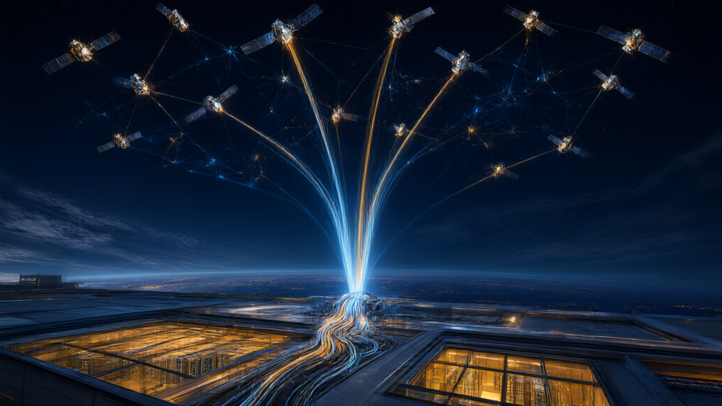 Editorial illustration of satellites and a data center linked by glowing network lines at night