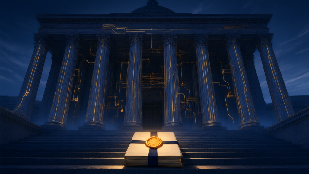 Editorial illustration of a dusk courthouse colonnade threaded with glowing circuit traces