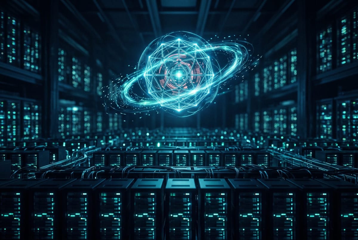 Dark editorial illustration of a glowing AI data centre hall with rows of server racks