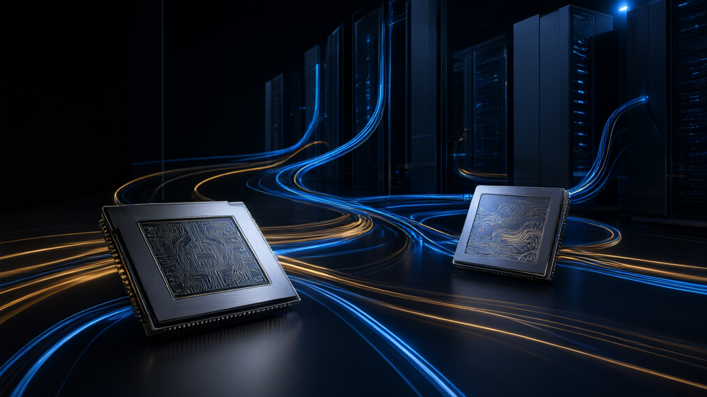 Abstract visualization of AI infrastructure with silicon chips and data center racks in blue and gold tones