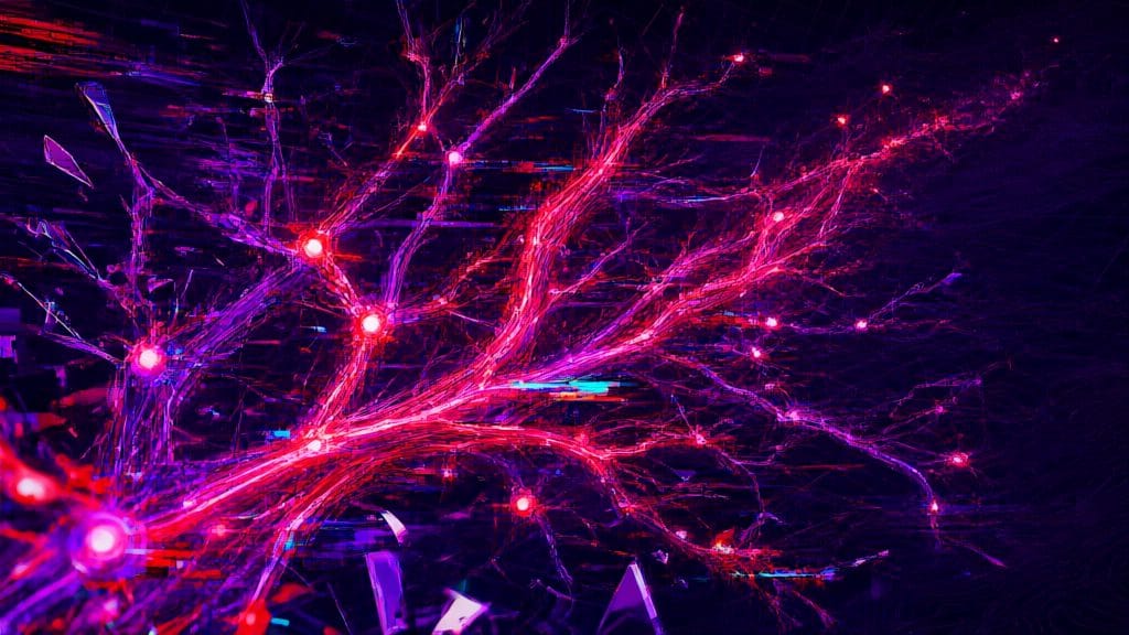 Viral social media spreading patterns with glitch effects and neon tones