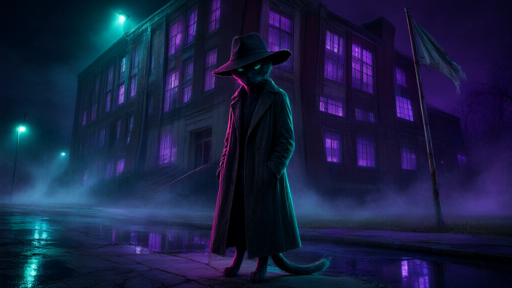 Surreal AI-generated image of a mysterious cat figure standing outside a school at night, viral social media aesthetic