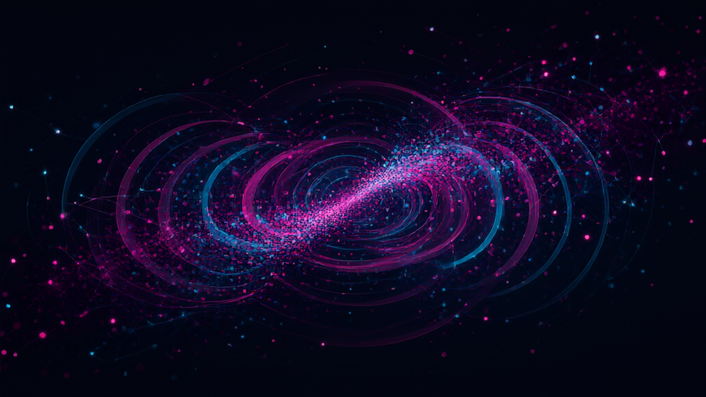 Editorial illustration of glowing particles cascading across a dark surface in magenta and cyan