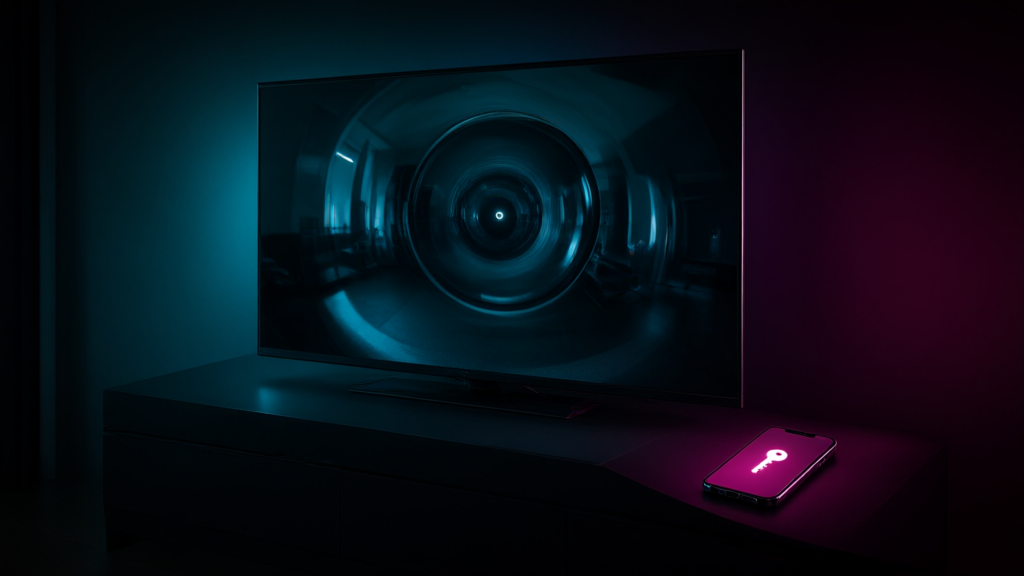 A flat screen television glowing in a dark living room with a lens-like reflection, and a smartphone showing a small glowing key