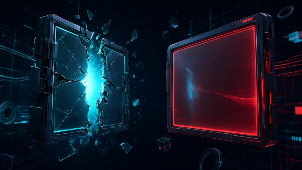 Editorial illustration of two glowing terminal windows facing each other, one cracking open like a lock