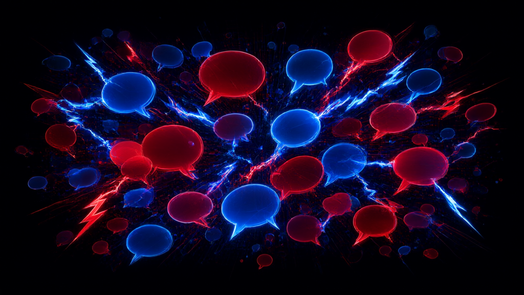 Abstract social media viral spread visualization with interconnected speech bubbles and lightning bolts