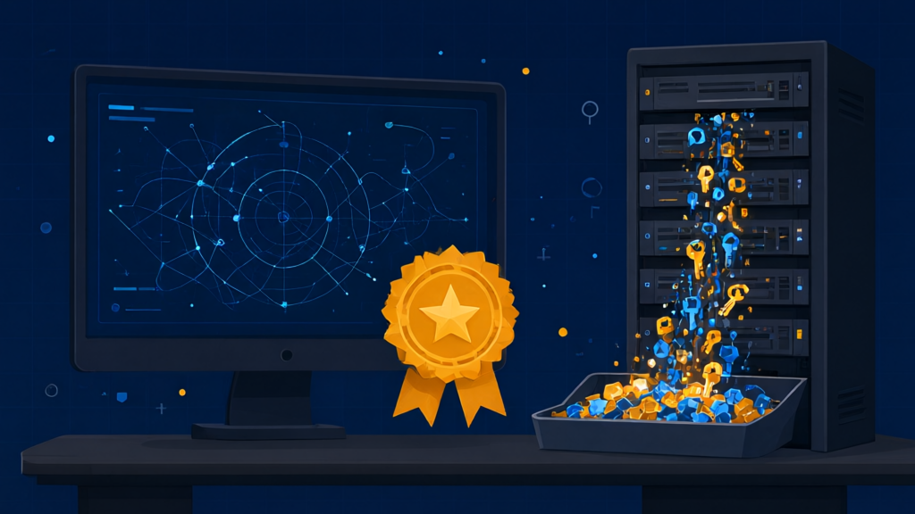 Split-screen editorial illustration of a glowing mathematical proof on a monitor beside a server rack leaking streams of API keys