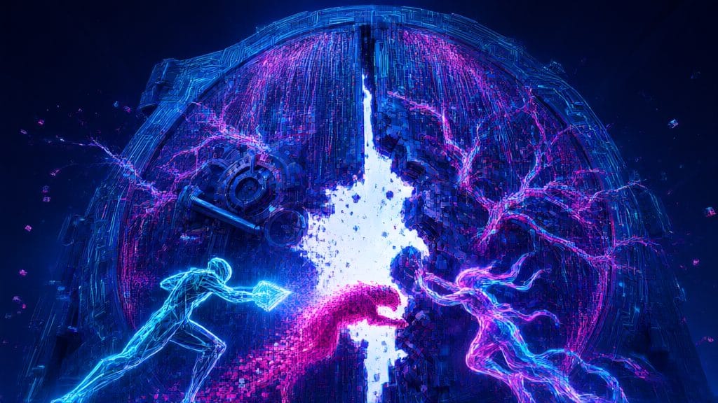 Three glowing digital agents breaching a vault door made of streaming code
