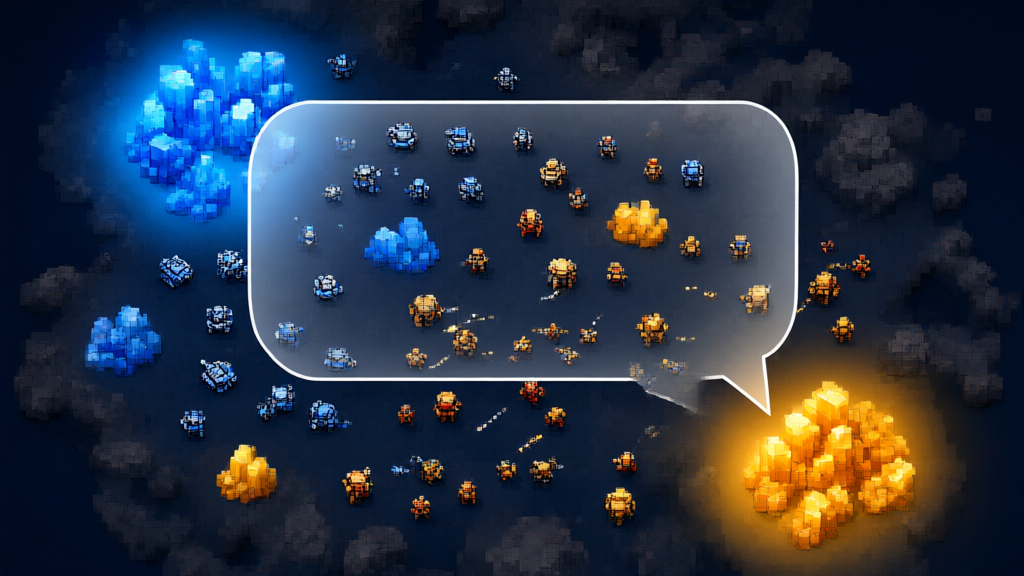 Dark navy pixel-art battlefield with glowing blue and gold mineral crystals and a speech bubble
