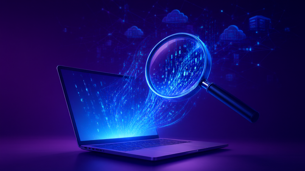 Editorial illustration of a magnifying glass over glowing code leaving a laptop, representing hidden data uploads by a coding agent
