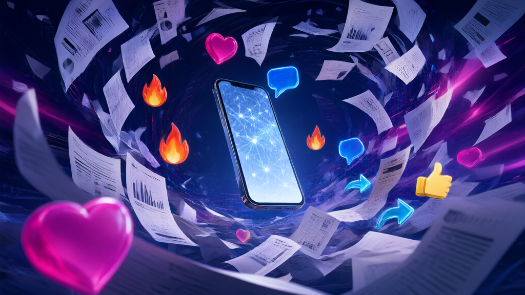 Editorial illustration of a glowing phone screen surrounded by social media reaction icons