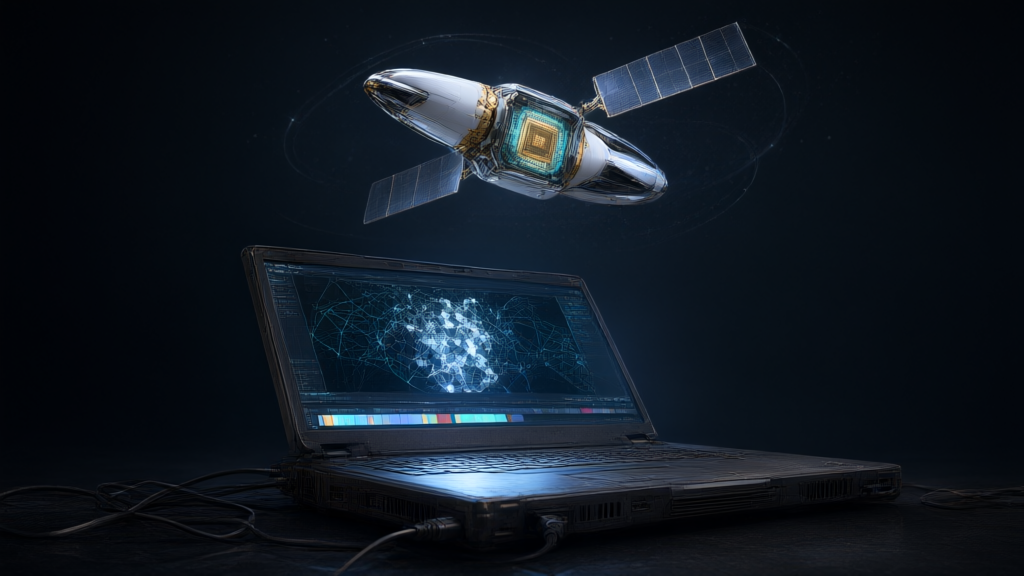 Editorial illustration of a laptop rendering a video frame while a satellite chip floats in orbit