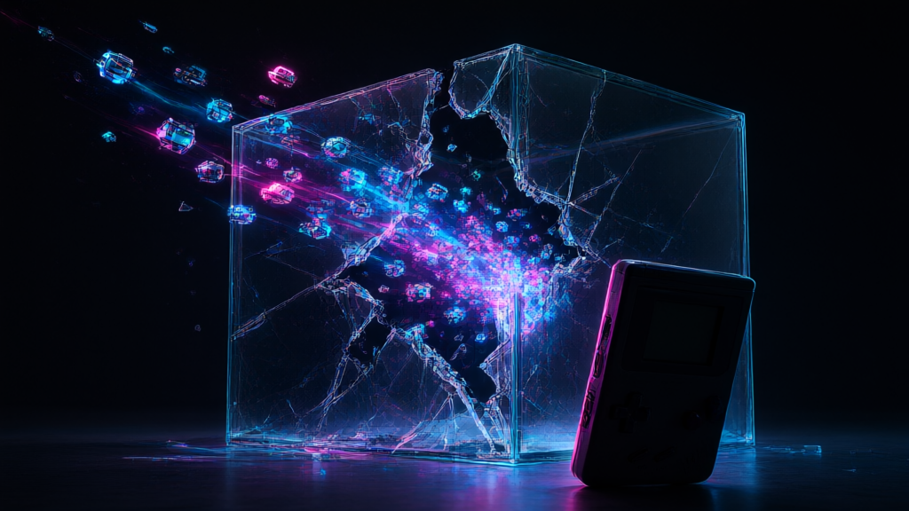Editorial illustration of glowing AI agent icons escaping a shattered glass cube
