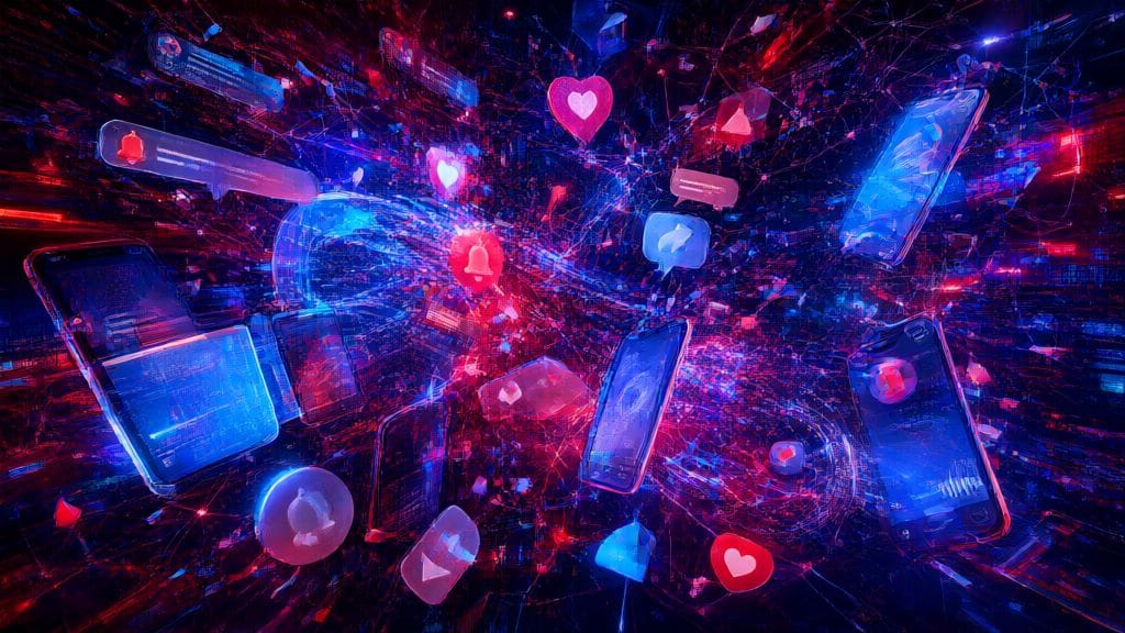 Chaotic digital culture collage with social media notifications, phone screens and AI neural patterns in red and blue neon