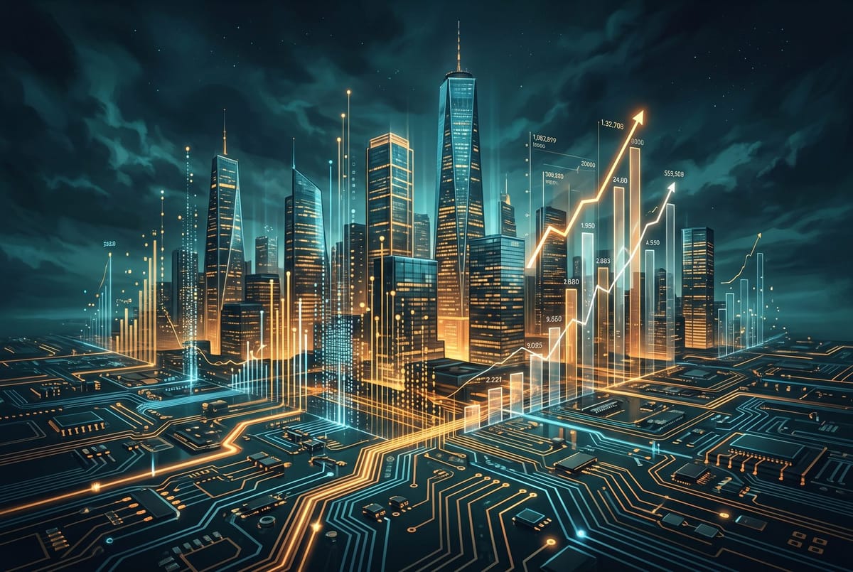 Dark teal editorial illustration of glass skyscrapers rising out of a circuit board with glowing data streams and funding graphs