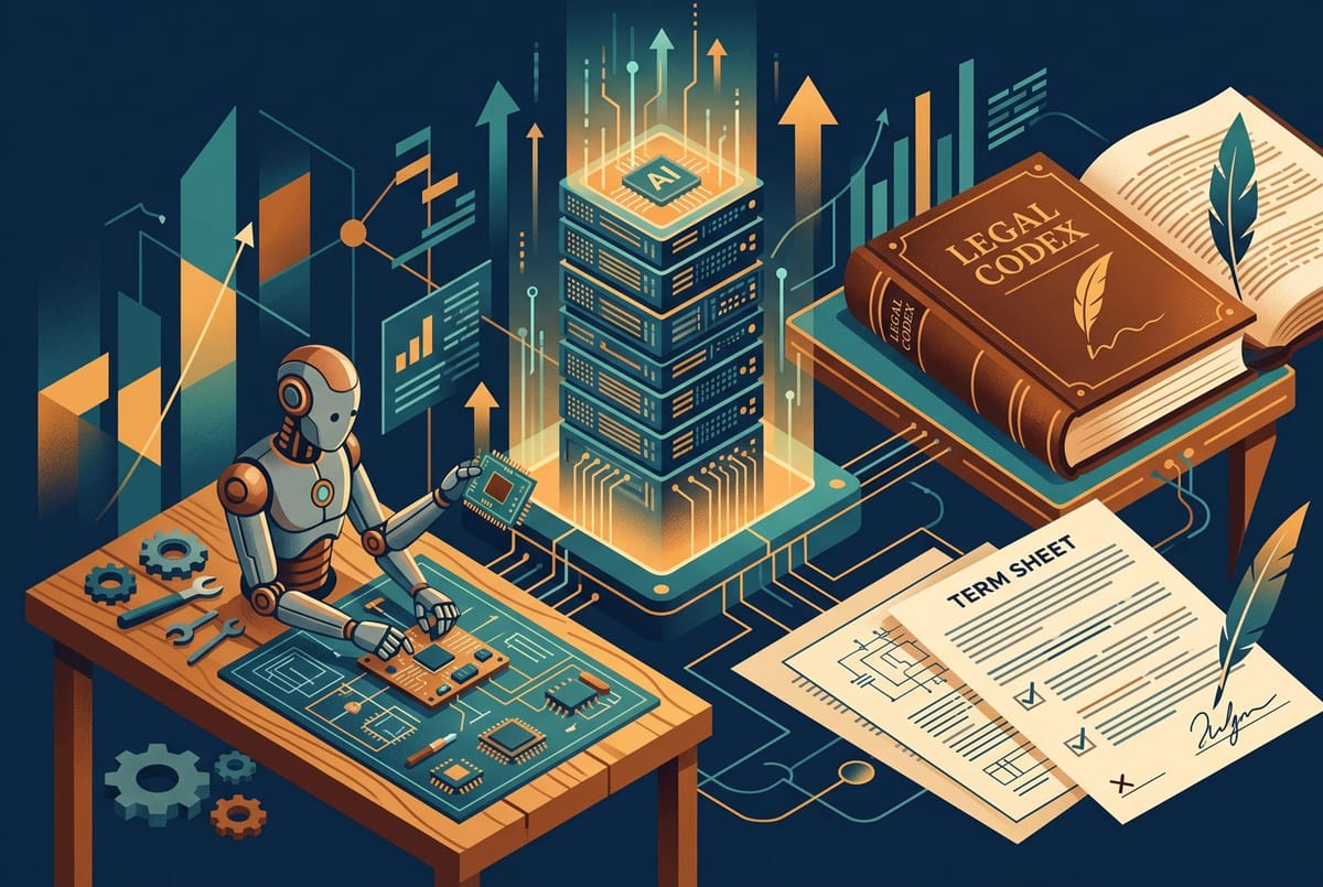 Editorial illustration of signed term sheets, a rising server tower and a robot arm on a workbench