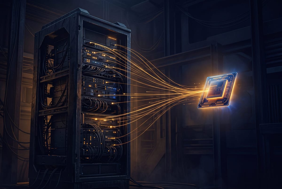 Dark editorial cover showing an on-premises server rack beside a coin-sized silicon chip