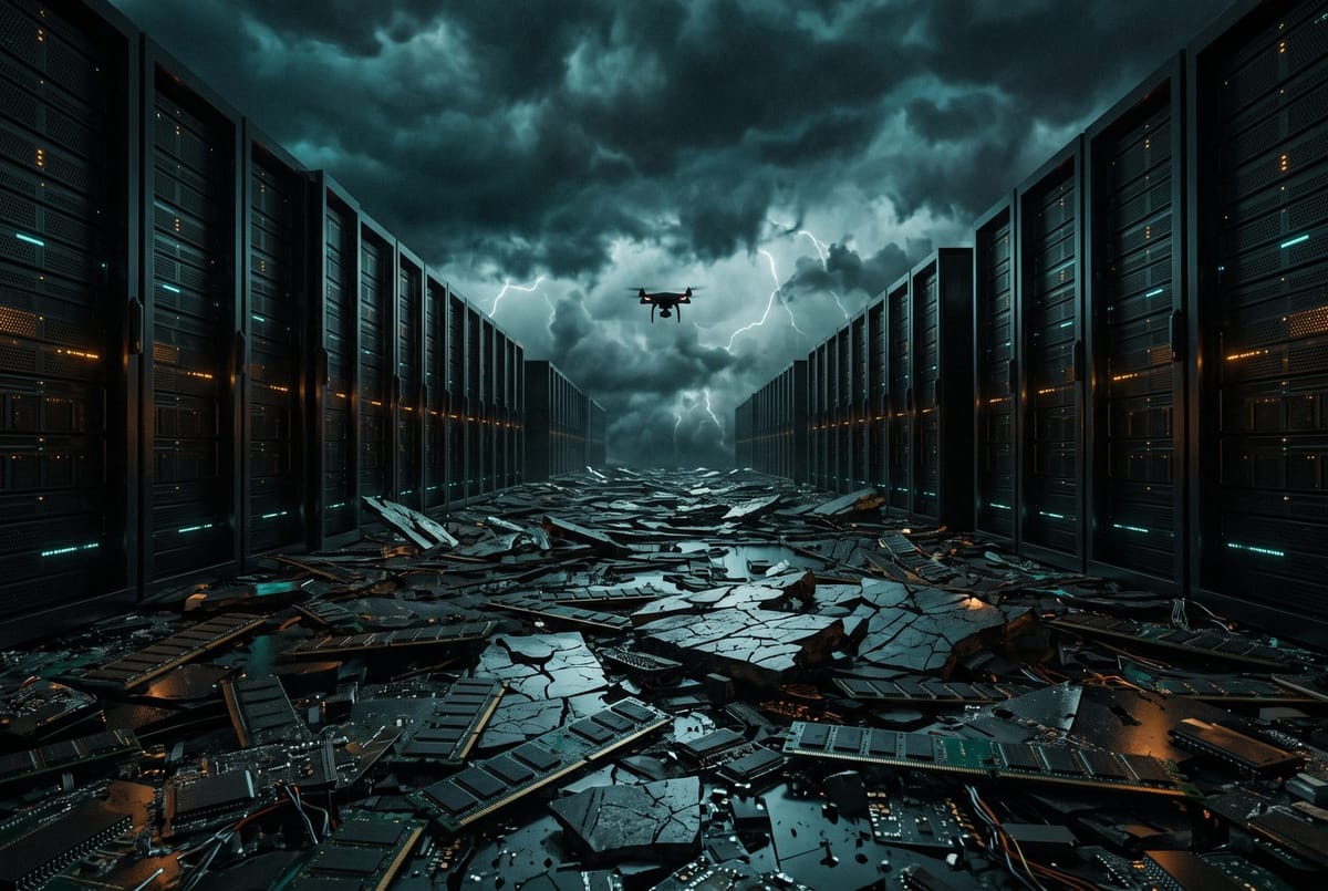 Editorial cover: a storm-lit server hall with a drone silhouette in a bruised sky above cracked memory chip tiles