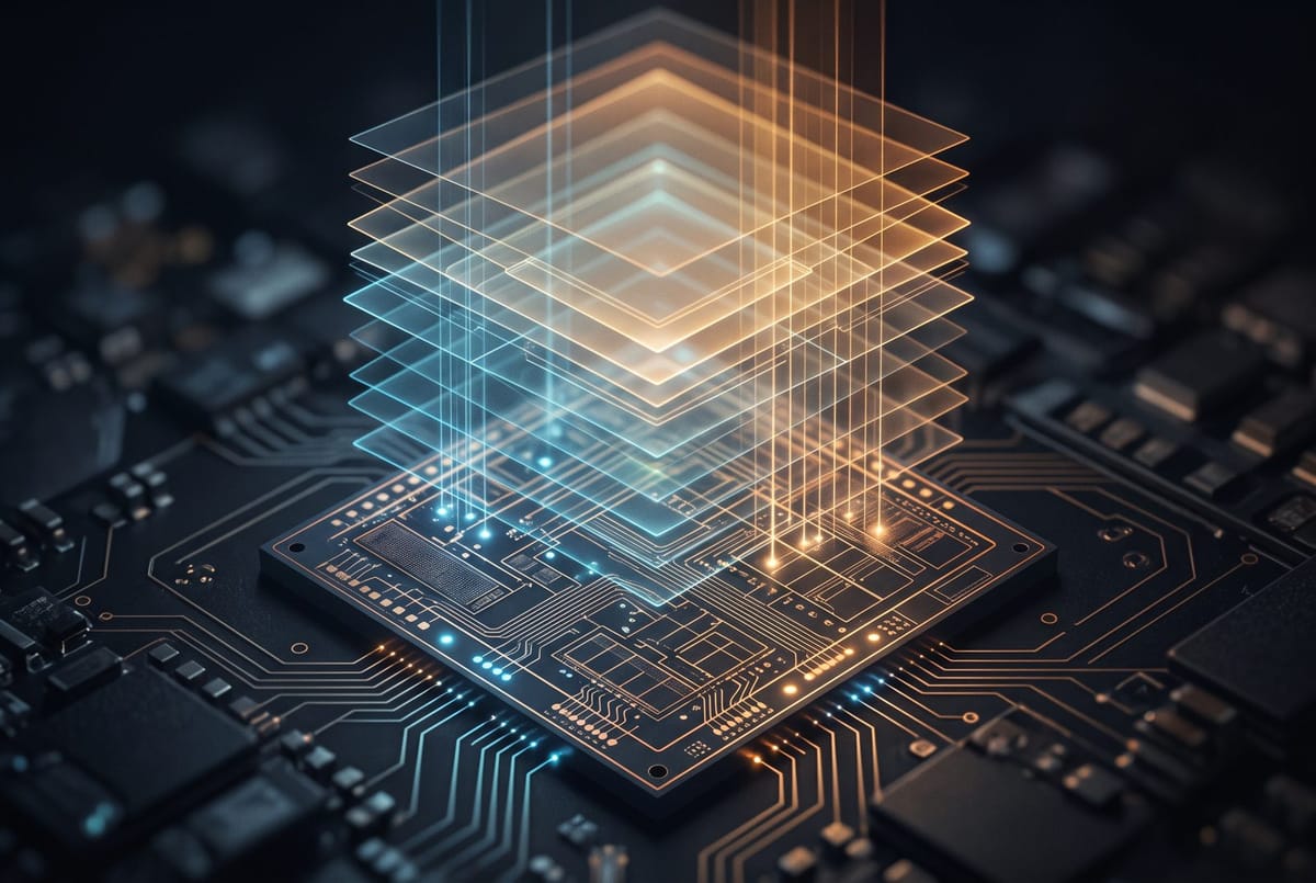 Abstract editorial illustration of a circuit die with translucent layers of light rising from it