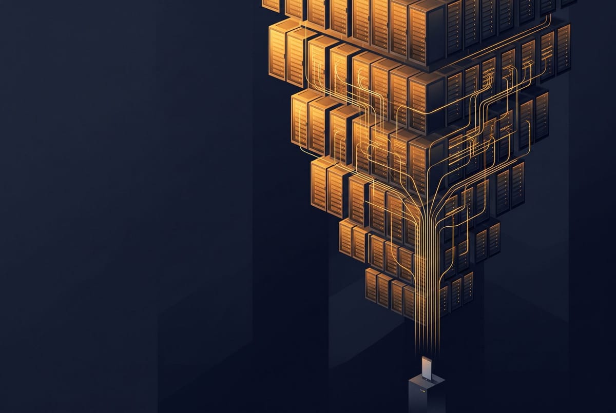 Editorial illustration of glowing server racks narrowing to a single small disconnected consumer device, with data streams rerouting downward between layers
