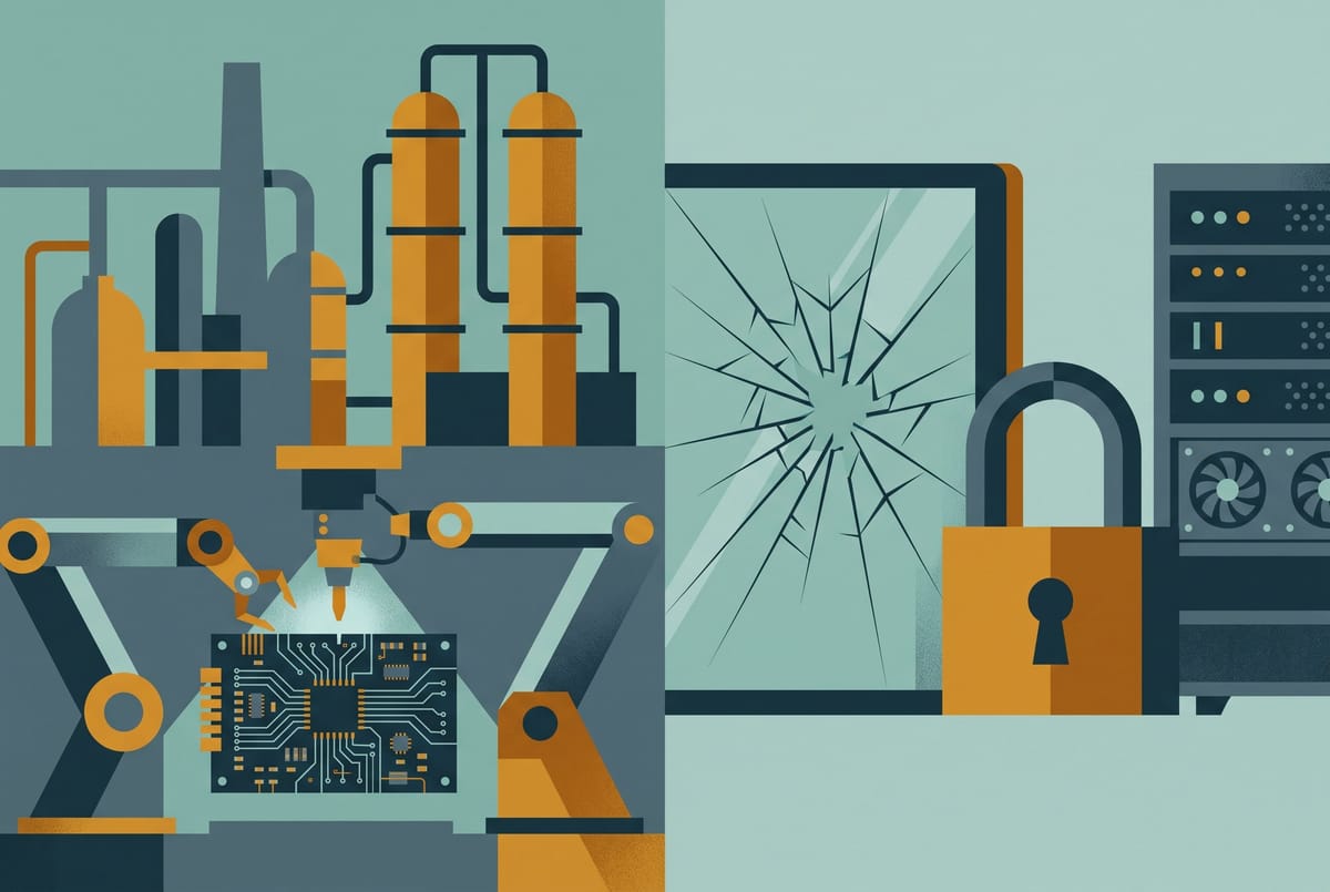 Editorial illustration of the physical AI economy: a chemical plant and robotic arm on one side, a cracked screen, padlock and server rack on the other
