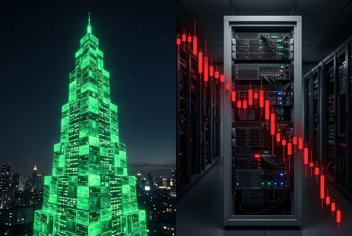 Editorial illustration split between rising green fintech payment cards and a grey AI data center under a falling red market chart