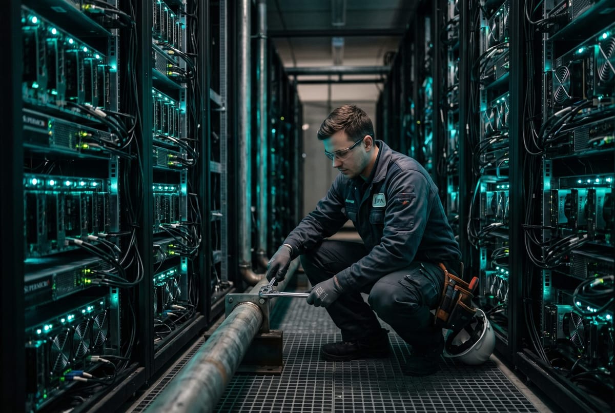 Editorial illustration of a dim server hall of rented GPU racks with a worker tightening a steel pipe