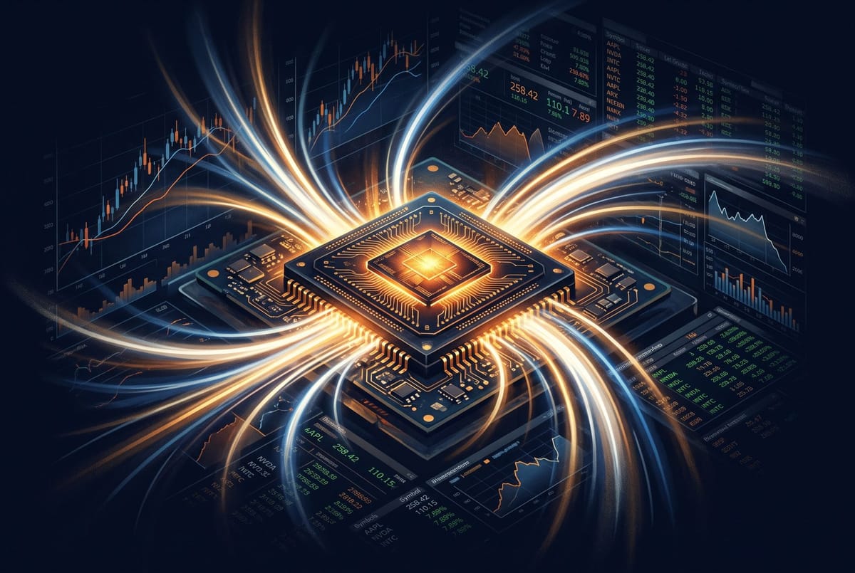 Editorial illustration of a glowing AI chip with light beams and financial data panels