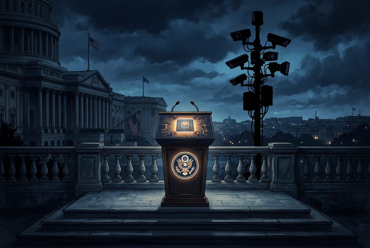 Dark blue editorial illustration of a government podium with a glowing microchip and a surveillance camera mast behind it